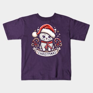 Christmas Kitten embroidery style Kids T-Shirt